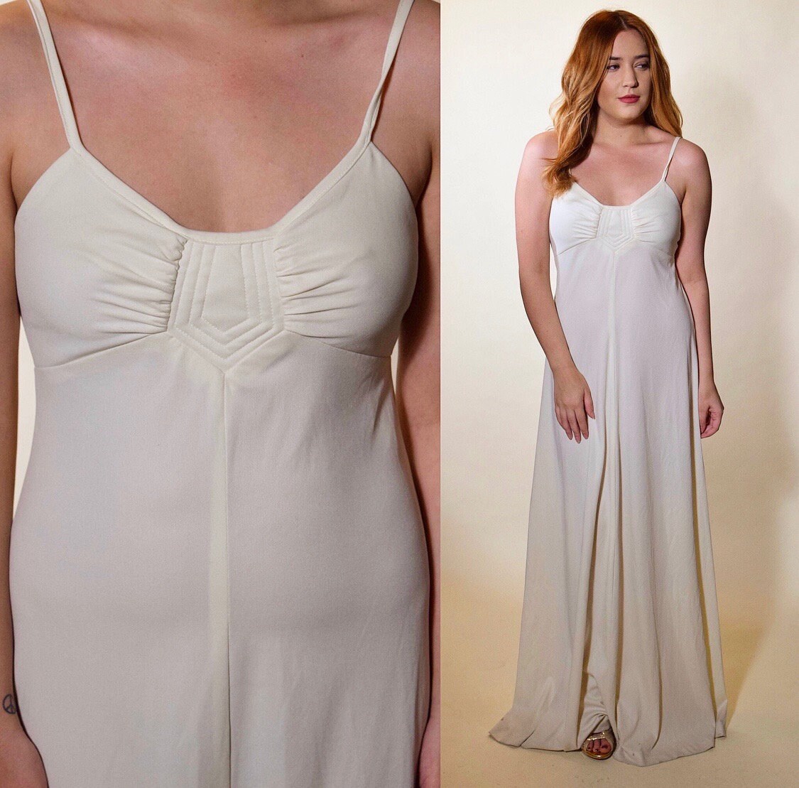 vintage maxi dress white spaghetti strap polyester women's size small  blondie parellel lines
