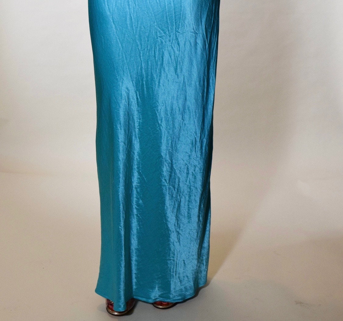 Vintage turquoise blue satin style halter a-line evening gown women's ...
