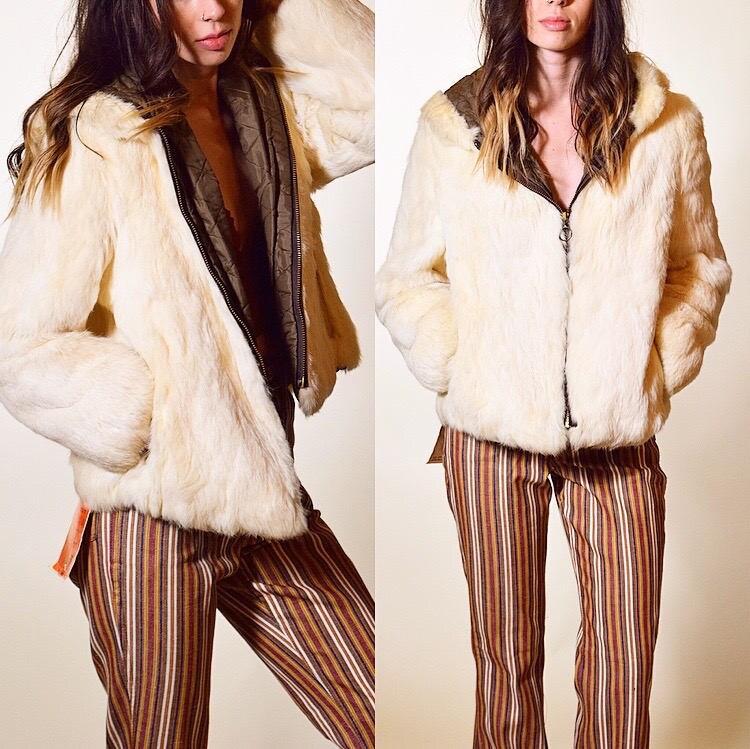 1970s vintage white rabbit hooded jacket with zip up front Rock N Roll