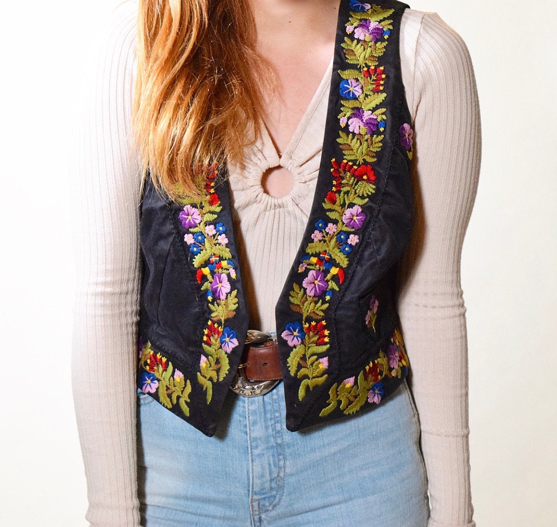 Vintage floral embroidered crop hippie bohemian vest women's size SM