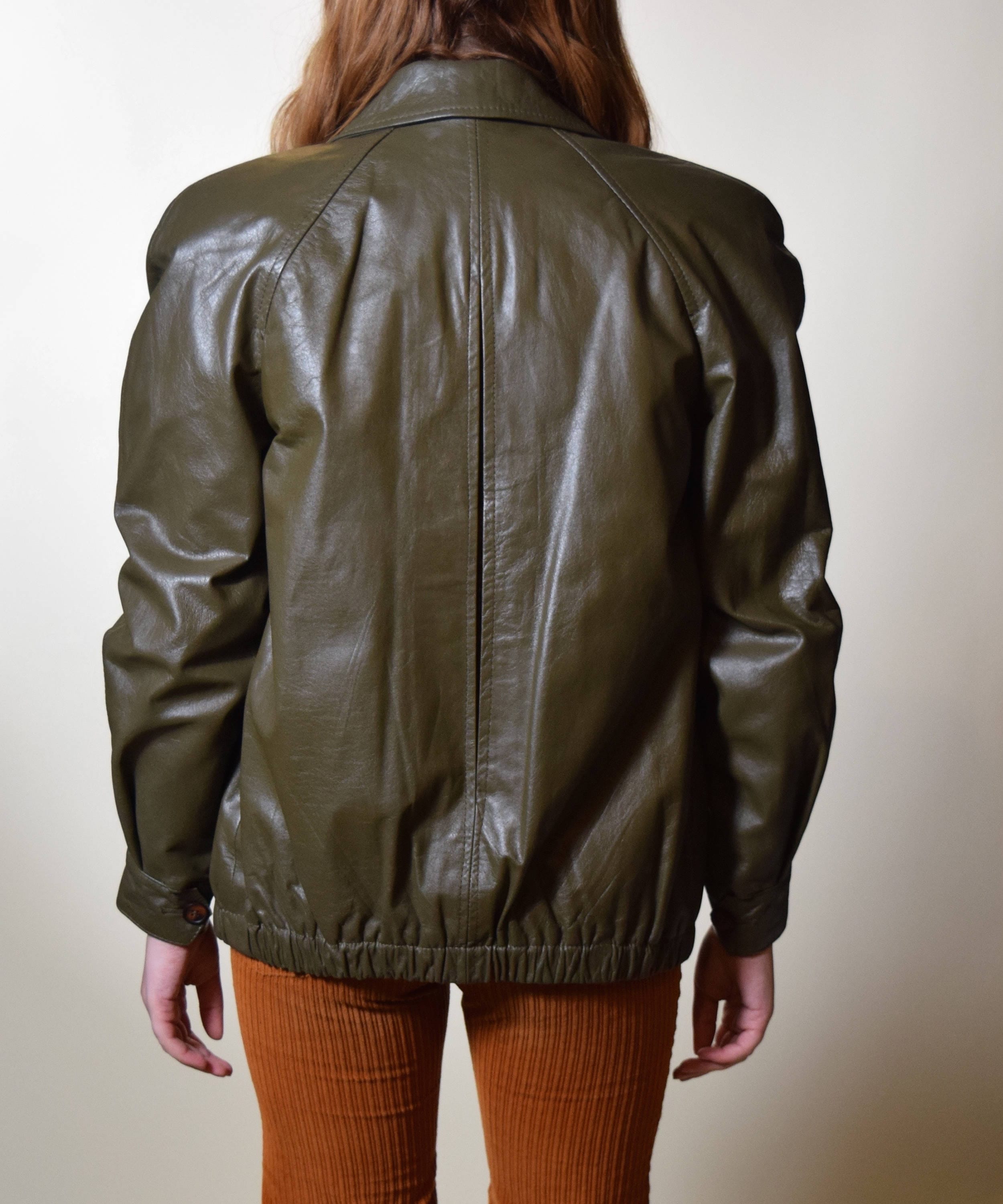 1980's authentic vintage olive green leather motorcycle jacket women's