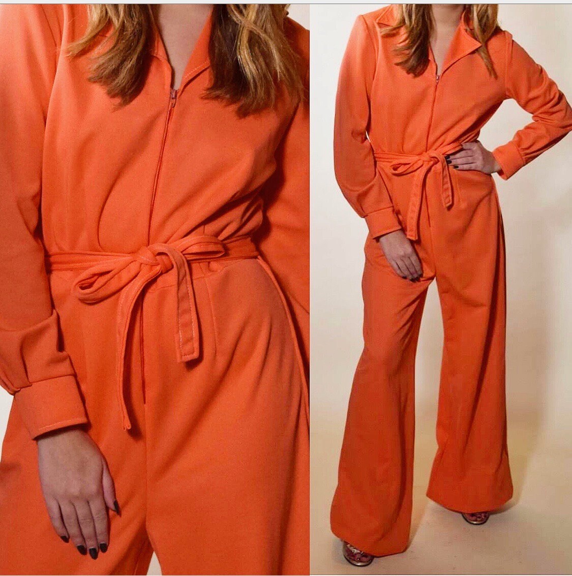orange bell bottom jumpsuit