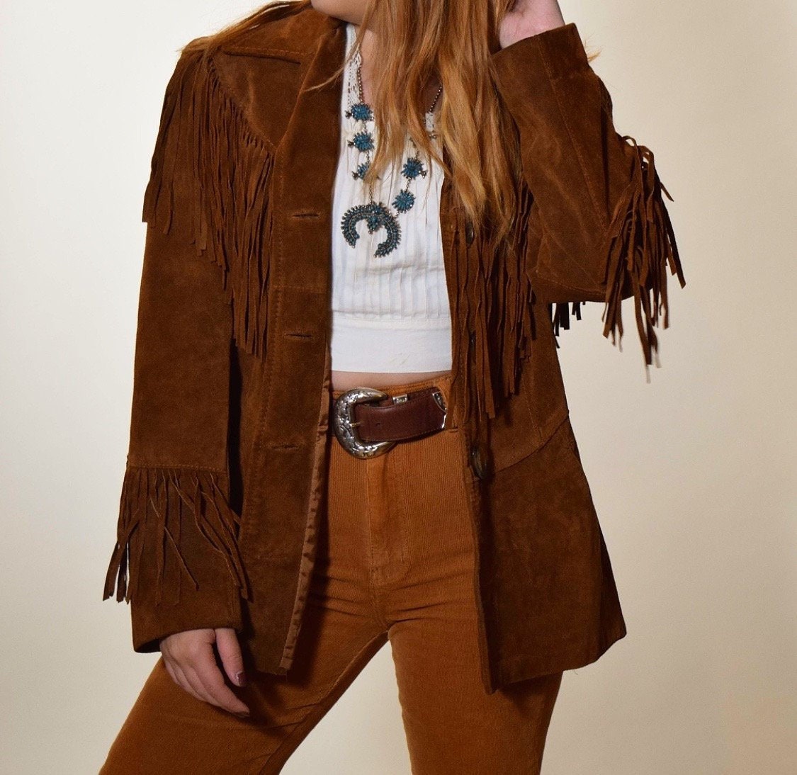 1970s vintage dark chestnut brown suede leather fringe western