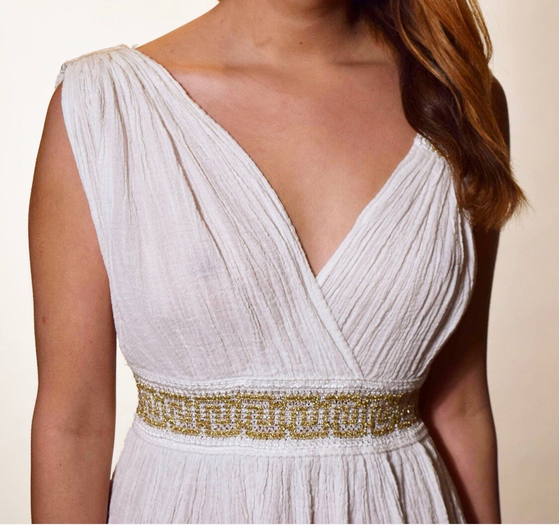 Authentic vintage white gauze grecian style mini dress with gold aztec