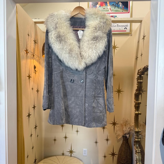 Rare 1970s faux suede jacket with Sherpa fur collar - bluish gray
