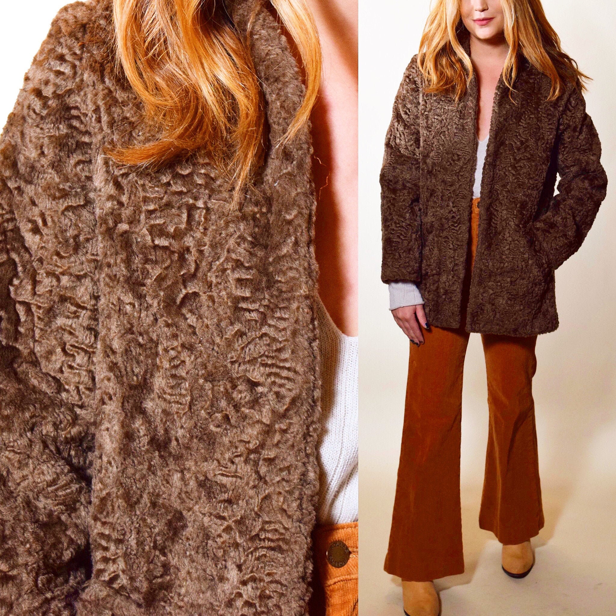 Authentic vintage brown lambswool coat with pocket women's size small