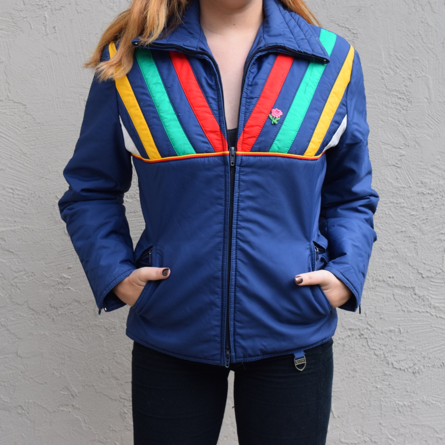 Vintage 1970's Ski Jacket - SKYR blue rainbow striped - women's size  small/xs