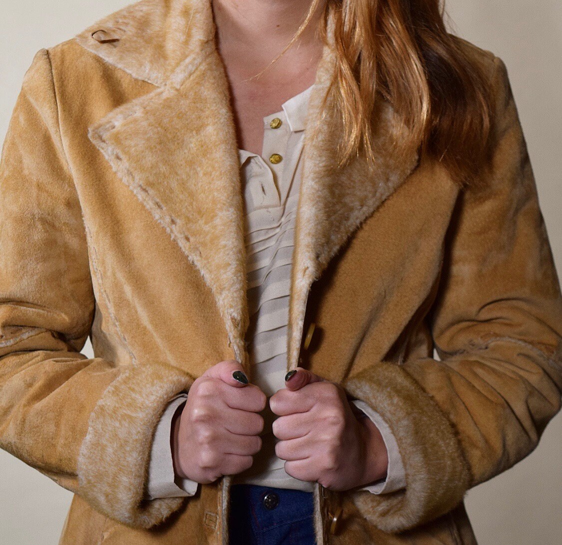Vintage Guess faux fur collar, cuff and lining tan suede button down