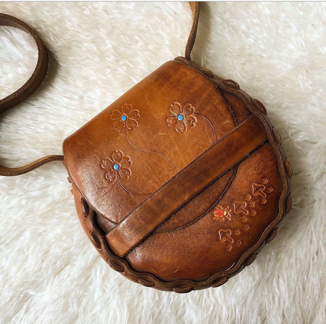 1970s one of a kind vintage leather tooled mushroom floral handprinted purse  / crossbody