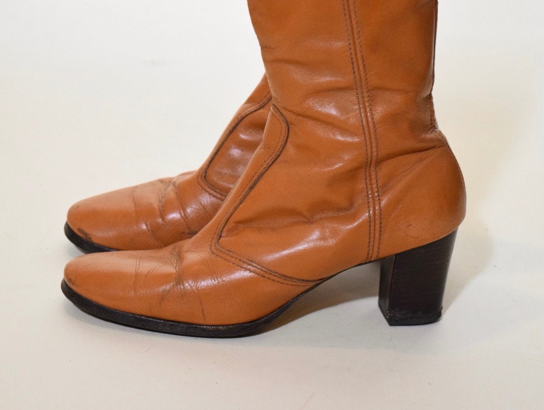Vintage 1970's bohemian tall chestnut brown leather campus boots with 2 ...