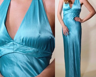 Vintage turquoise blue satin style halter a-line evening gown women's size Small