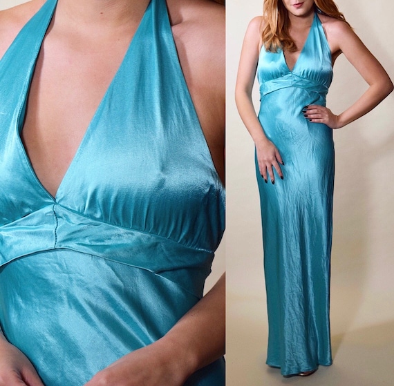 Vintage turquoise blue satin style halter a-line evening gown women's size Small