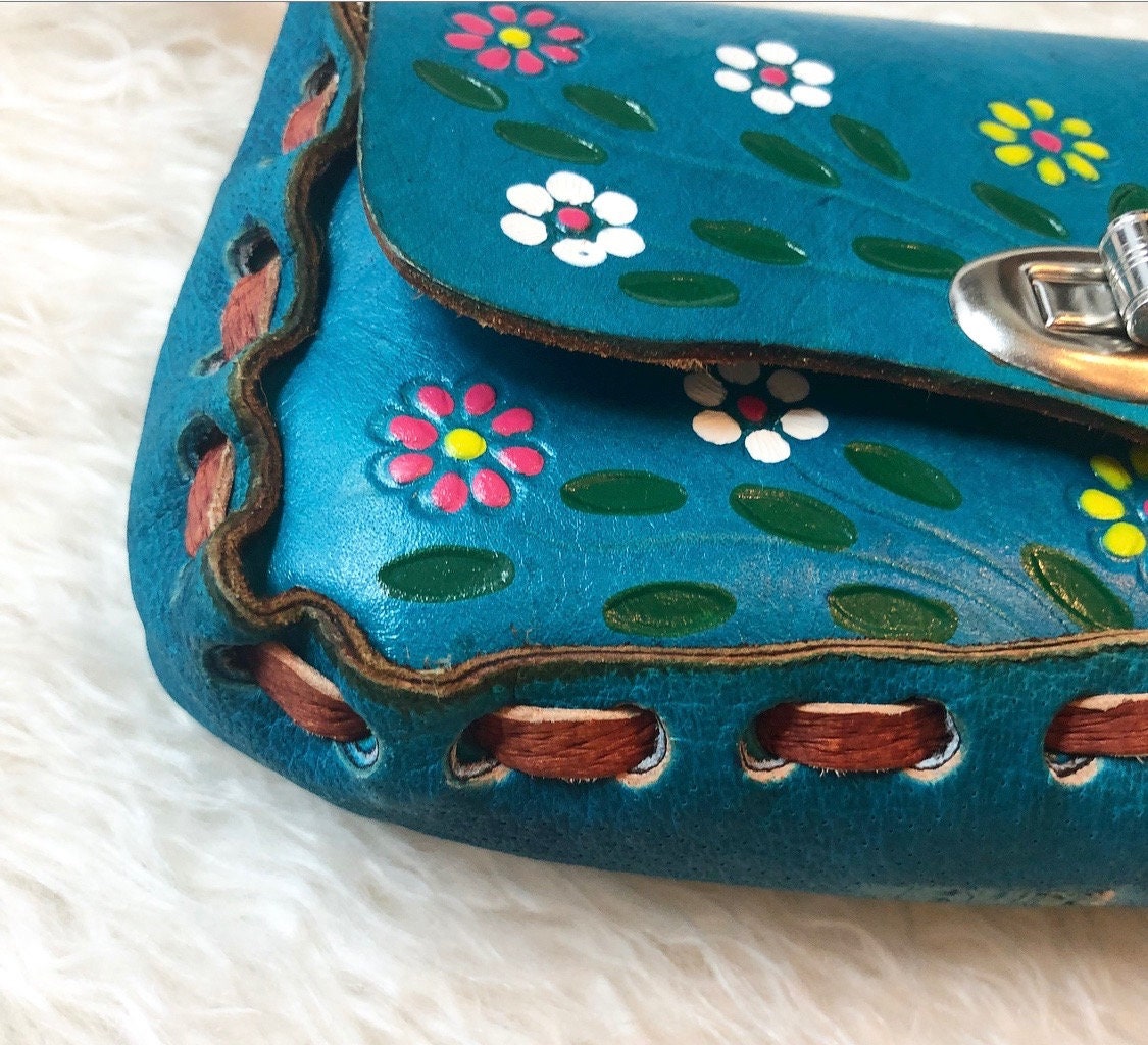 Authentic vintage hand painted blue floral small leather tooled one of ...