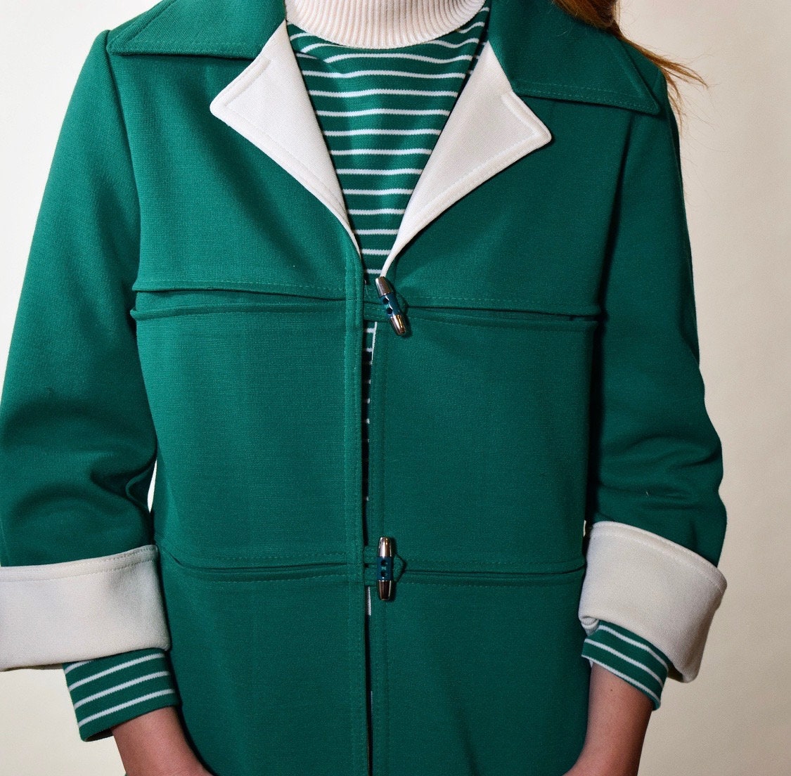 1970s vintage green knit stripe turtleneck blazer pant suit