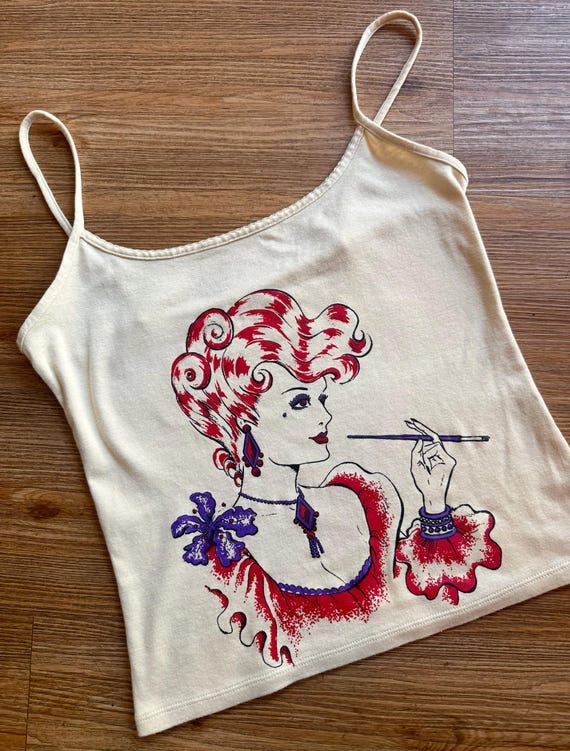 Rare 1980s deadstock tank with saloon girl art deco