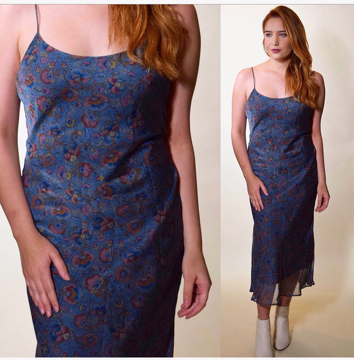 Vintage slinky sexy floral fitted spaghetti strap maxi dress women's