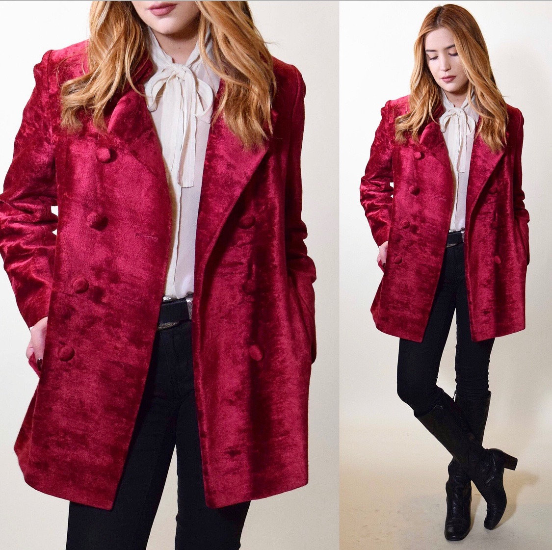 1960s Mod authentic vintage crushed velvet cranberry red double