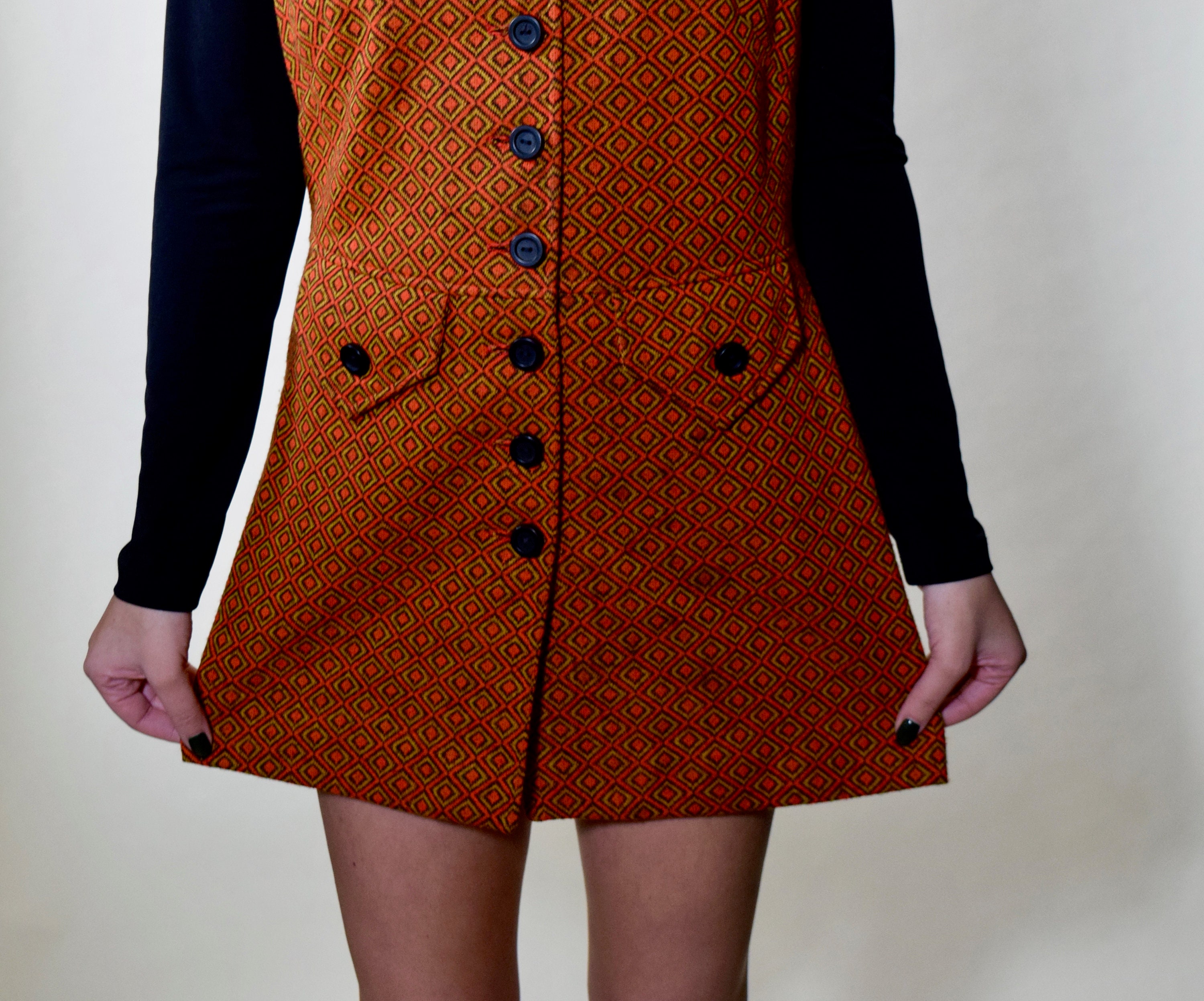 1960s authentic vintage groovy geo print button down jumper/tunic/mini