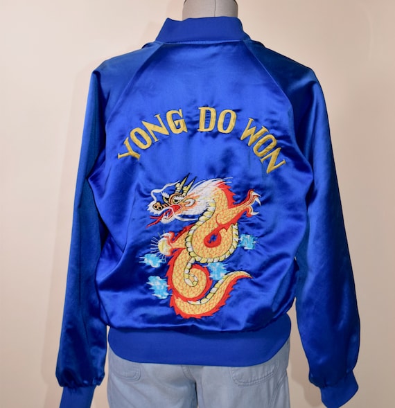 Rare vintage one of a kind embroidered Dragon satin royal blue bomber jacket unisex Large