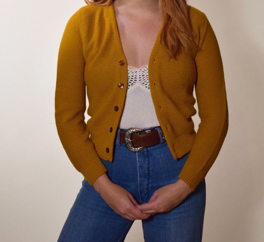 1970s vintage mustard golden yellow cropped cardigan women's size XS