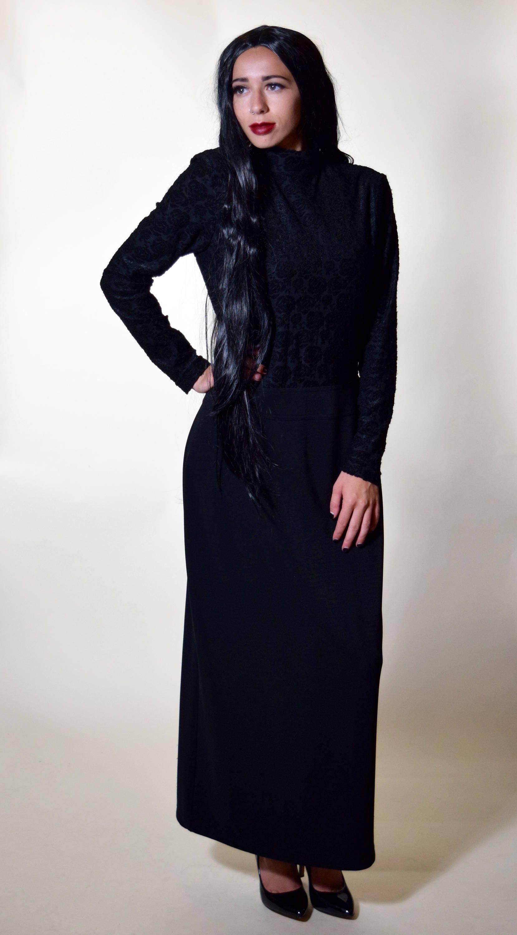 Authentic vintage black polyester and lace form fitting long sleeve ...