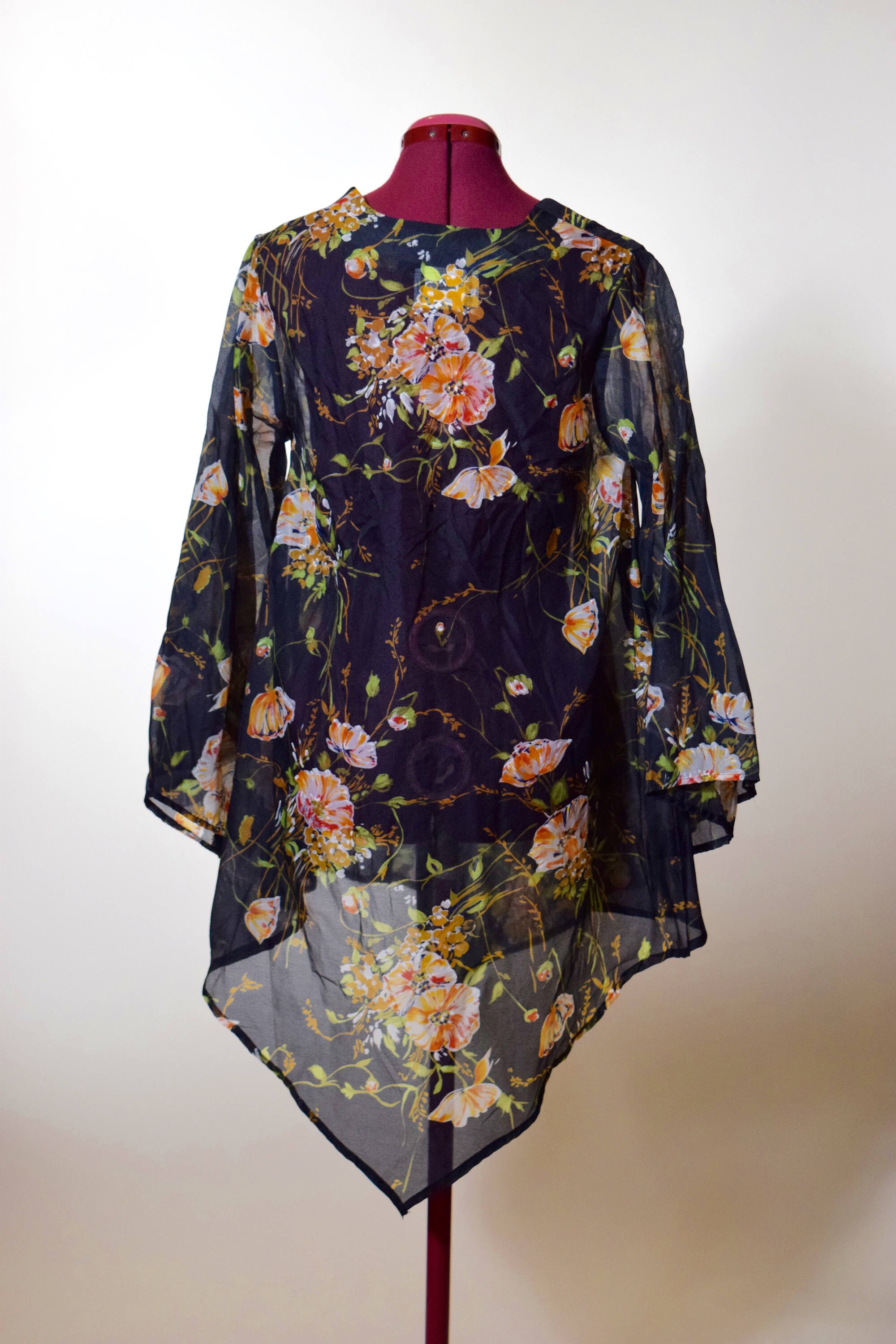 Authentic vintage floral sheer tunic/dress with long butterfly sleeves ...