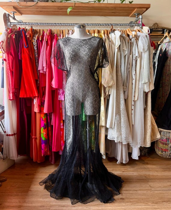 Rare 1930s black lace evening gown