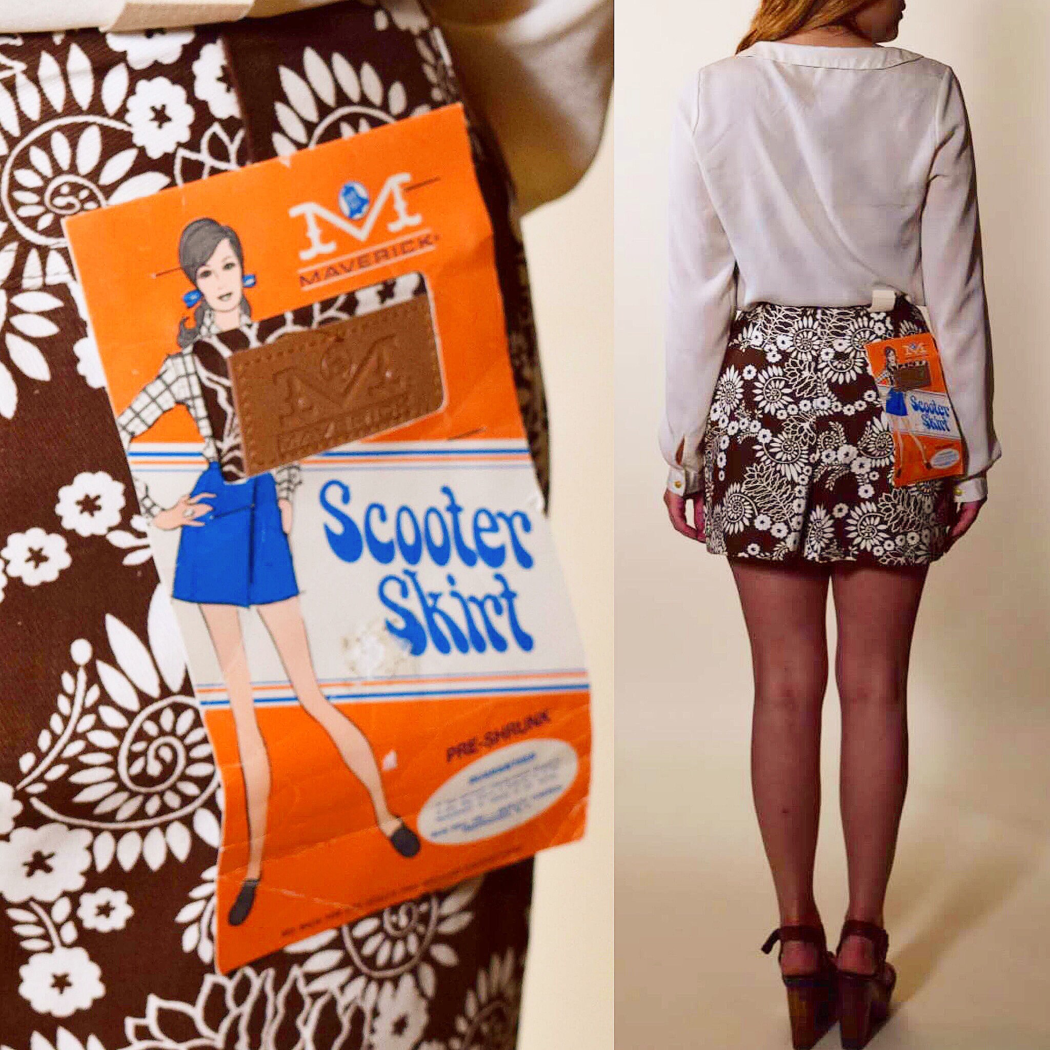 1970s authentic vintage brown white high waisted floral Scooter