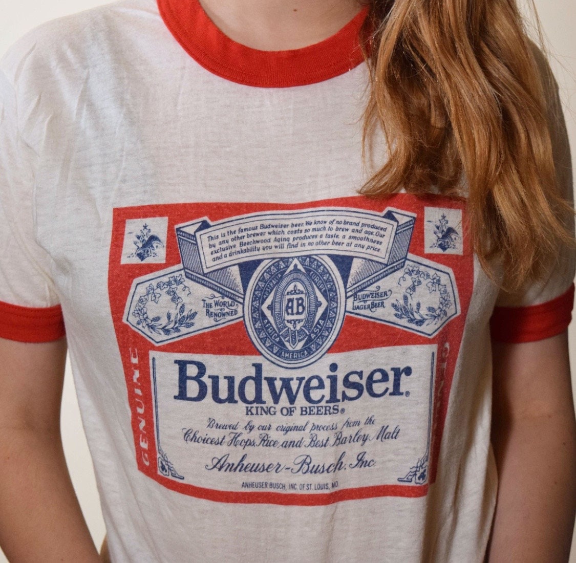 1970s Authentic Vintage Budweiser Paper Thin Soft Graphic Ringer Tee Shirt Womens Size Medium 