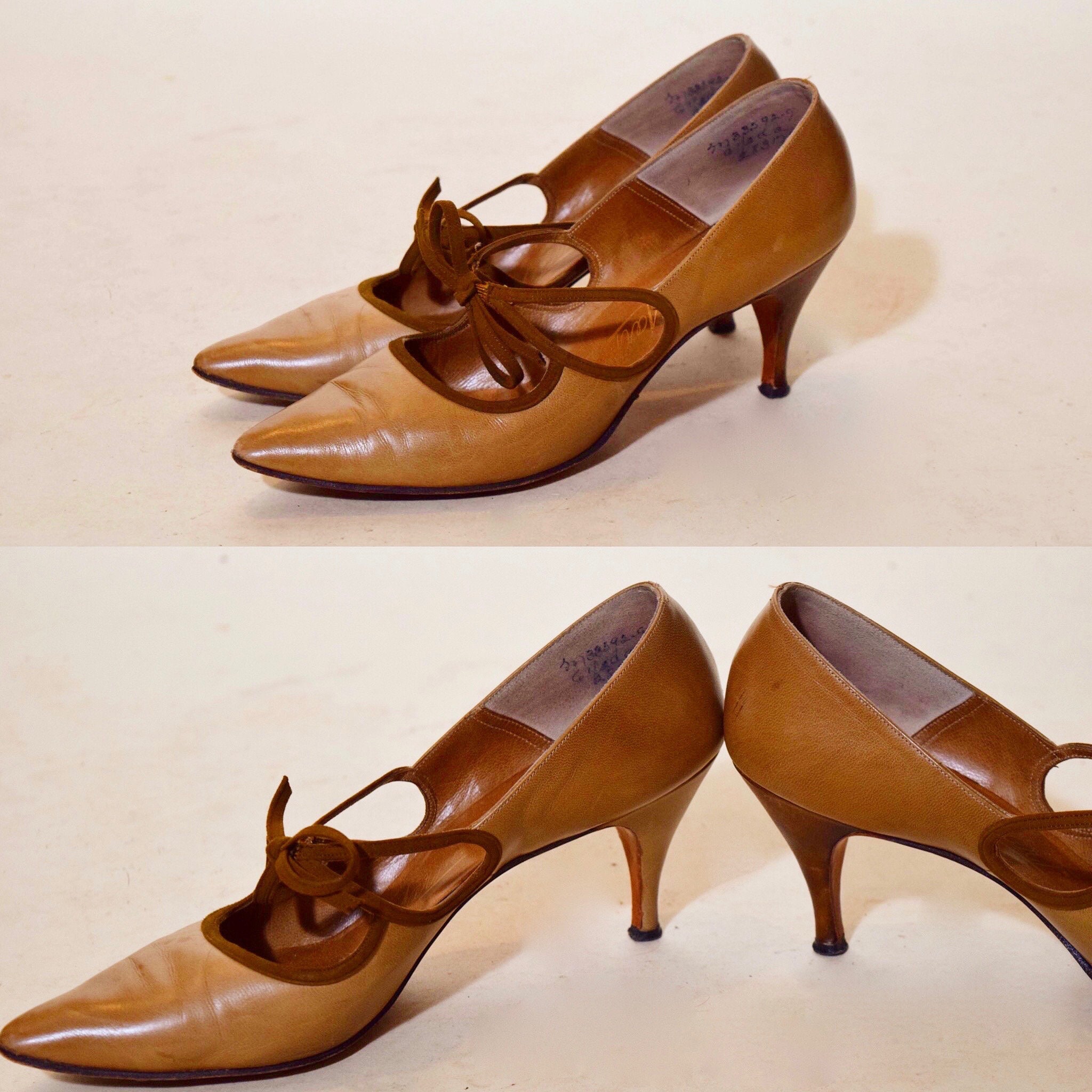 1950s authentic vintage suede brown lace detail tan leather pointed toe stiletto 3 heels women's 