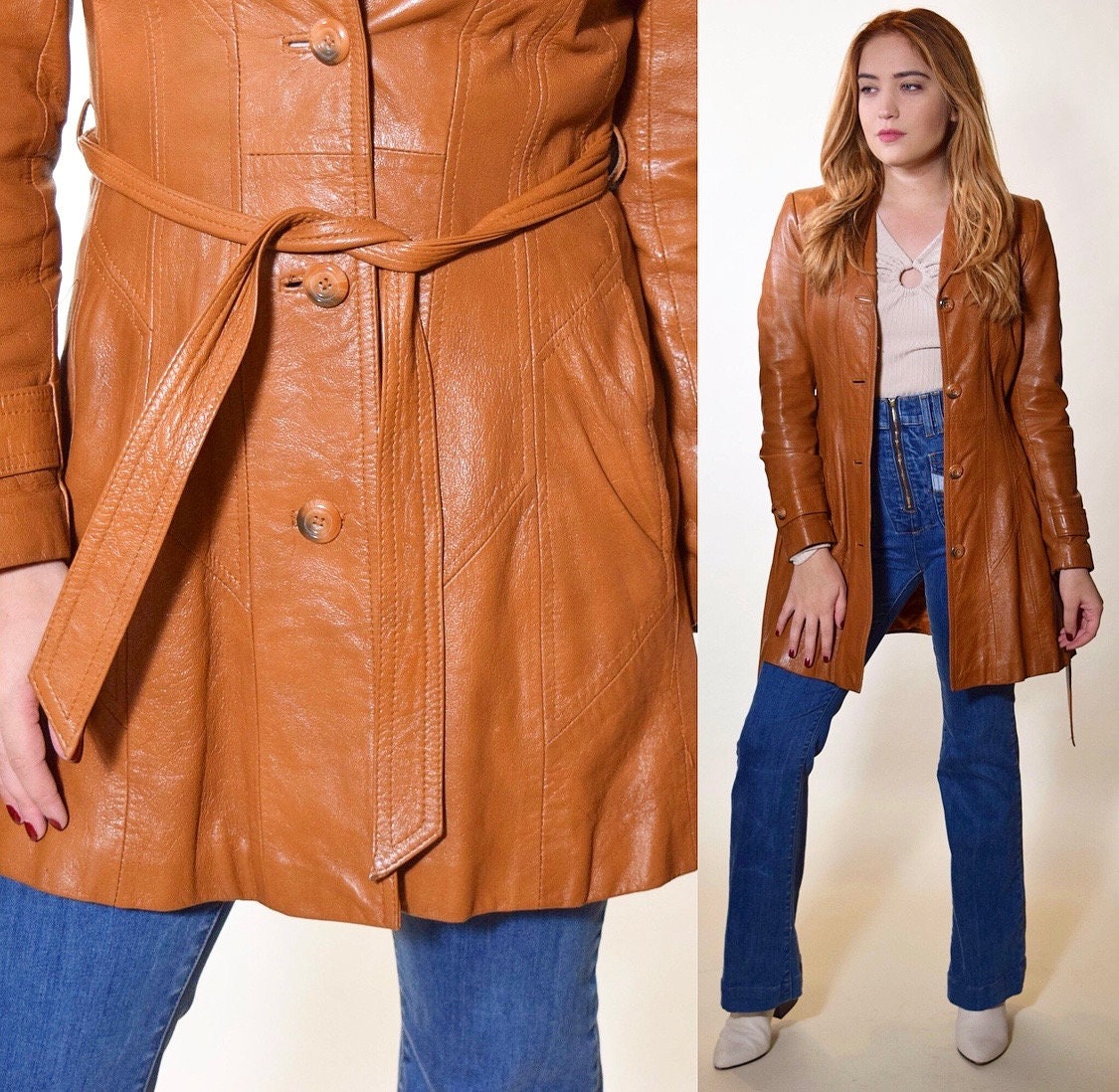 Authentic vintage 1970s brown leather classic button down fitted coat ...