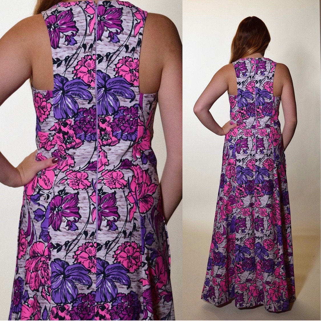 1960s vintage floral pink/purple sleeveless summer maxi dress women's ...