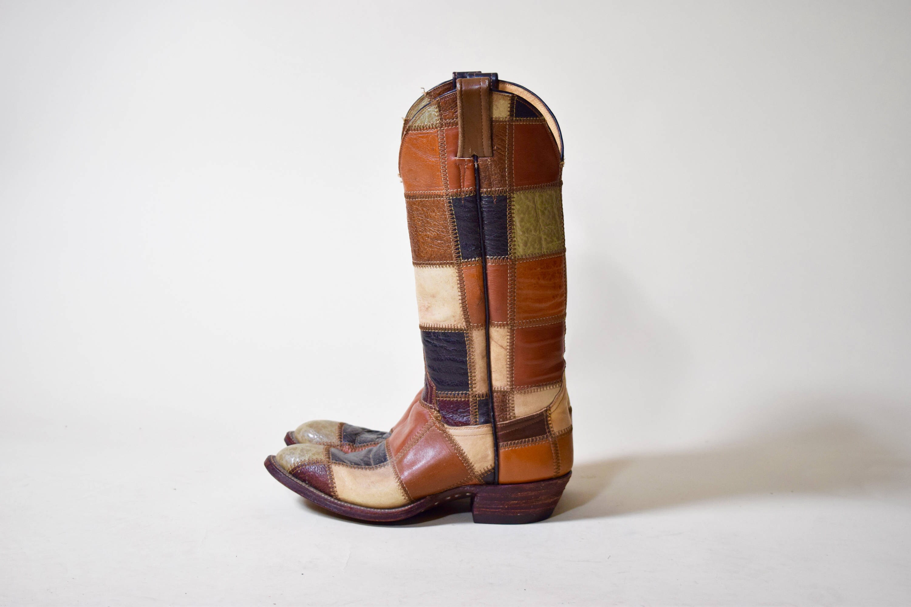 women's trendy vintage leather patchwork chunky calf boots
