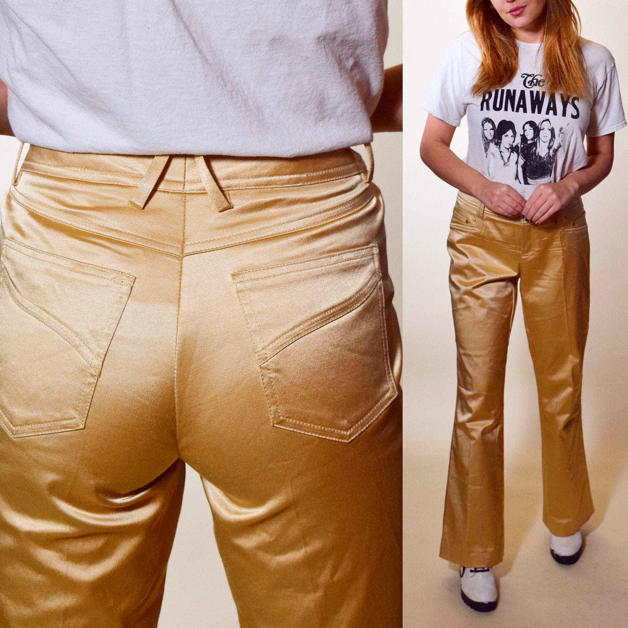 RARE authentic vintage gold spandex disco flared HOT PANTS women's size  Medium