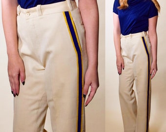 1950s authentic vintage MARCHING BAND wool beige + navy and gold embroidered stripe straight leg trouser pants women's size S-M