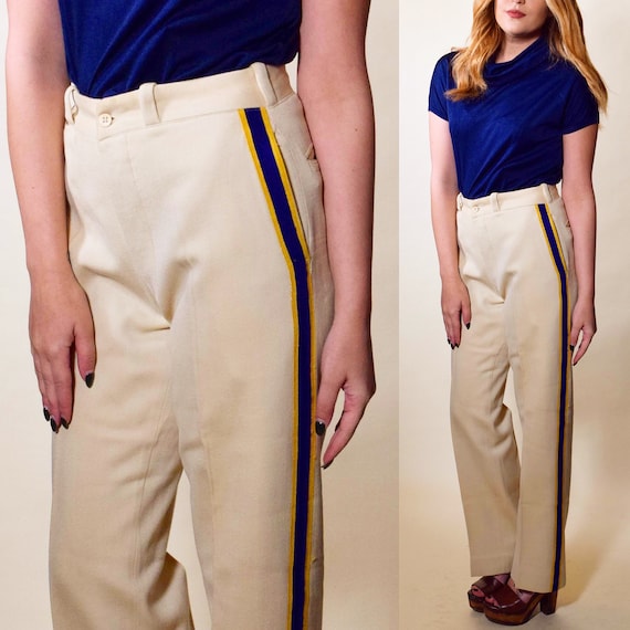 1950s authentic vintage MARCHING BAND wool beige + navy and gold embroidered stripe straight leg trouser pants women's size S-M