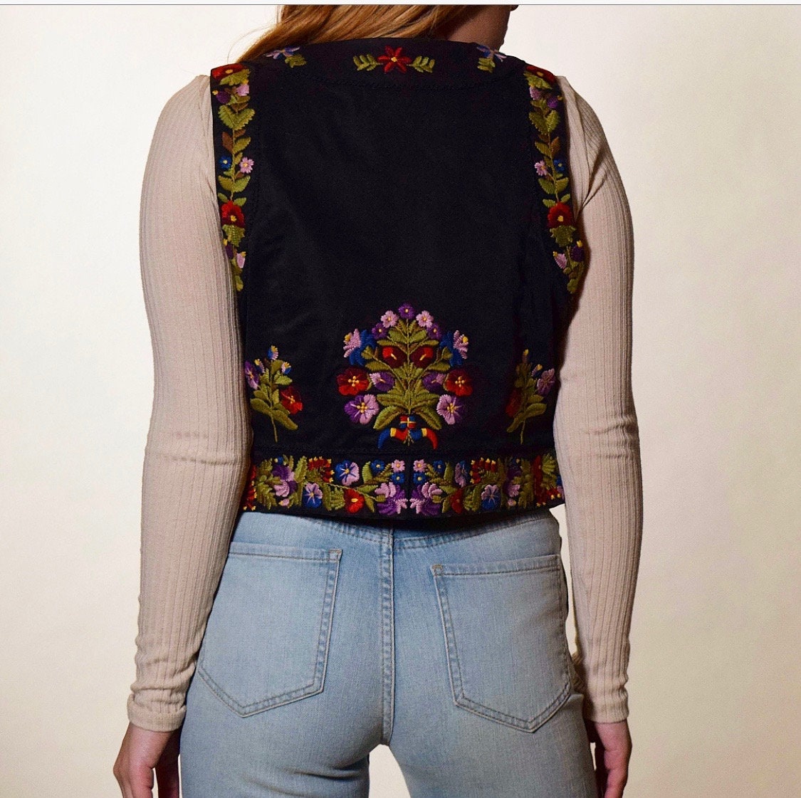 Vintage floral embroidered crop hippie bohemian vest women's size SM