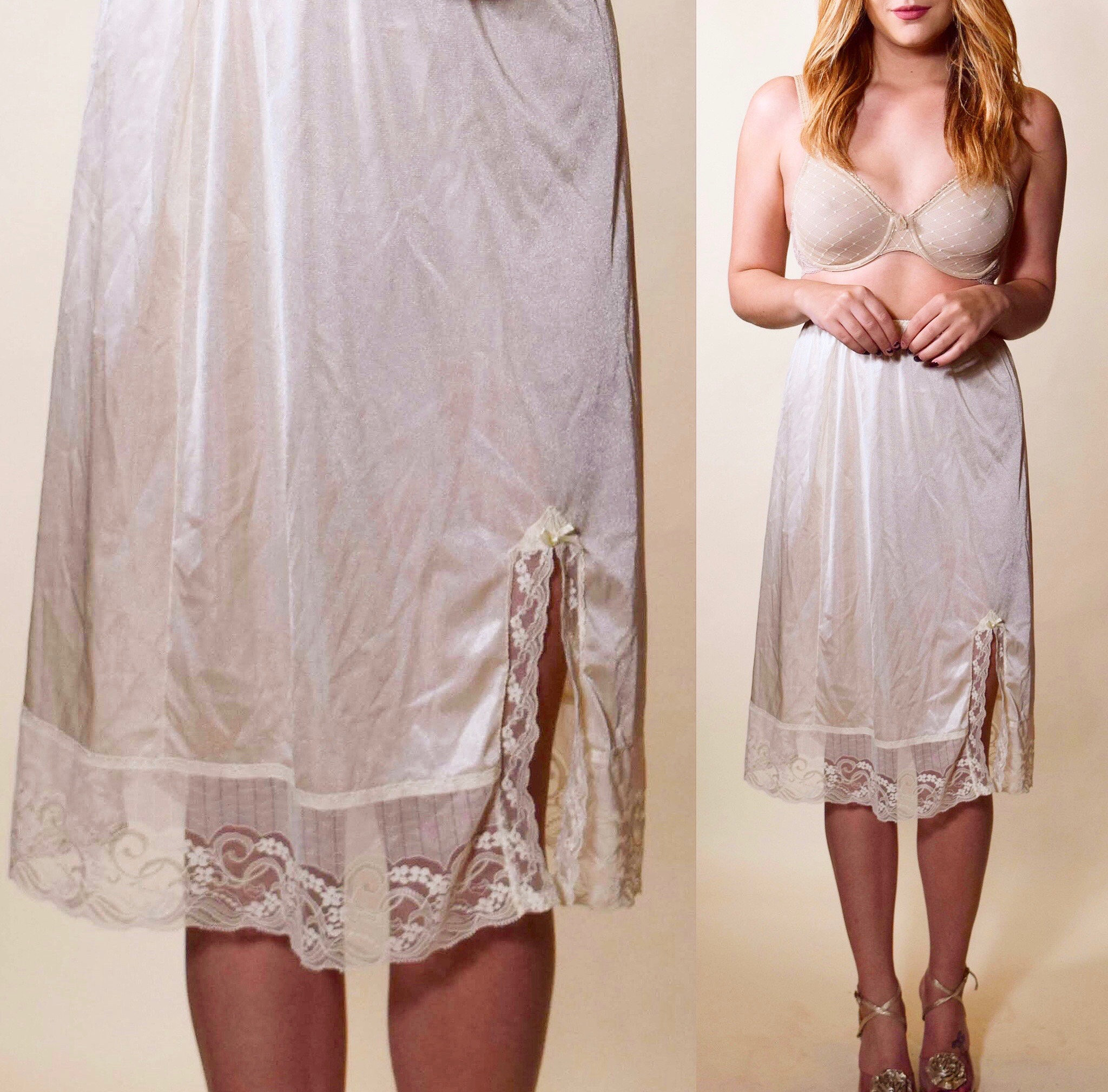Authentic vintage 1950s Half slip off white nylon lace slip skirt women