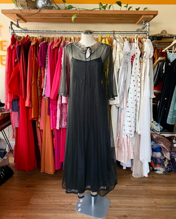 1960s black formal maxi dress 2 piece - sheer