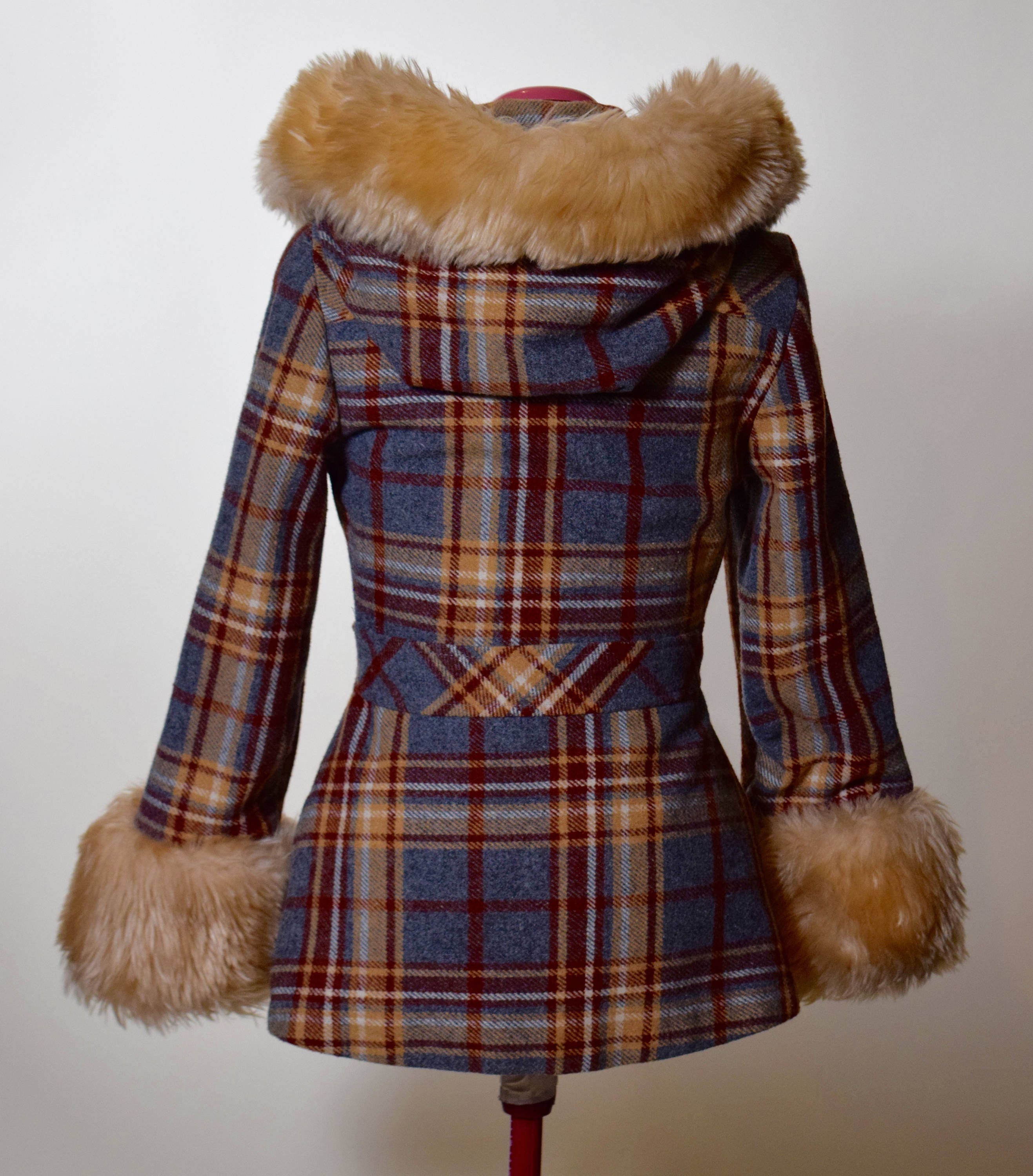 1970's authentic vintage plaid wool zip up jacket with faux fur collared hood and cuffs women's