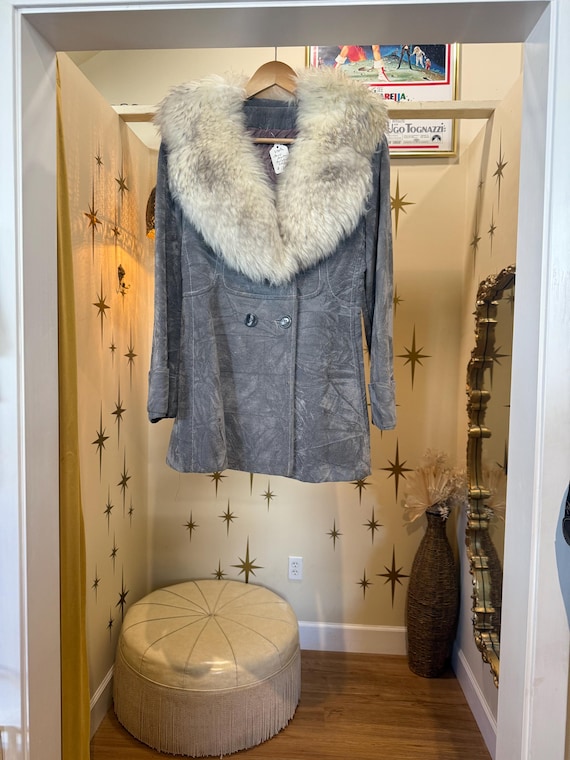 Rare 1970s faux suede jacket with Sherpa fur collar - bluish gray