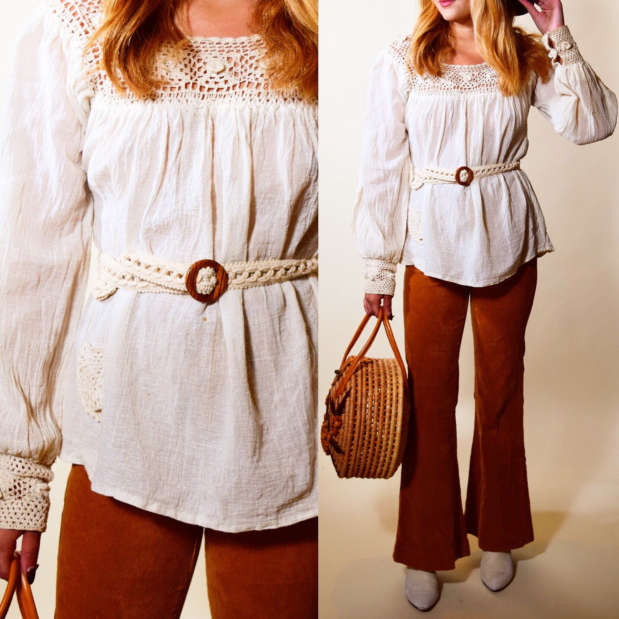 1970s authentic vintage bohemian peasant blouse with crochet trim