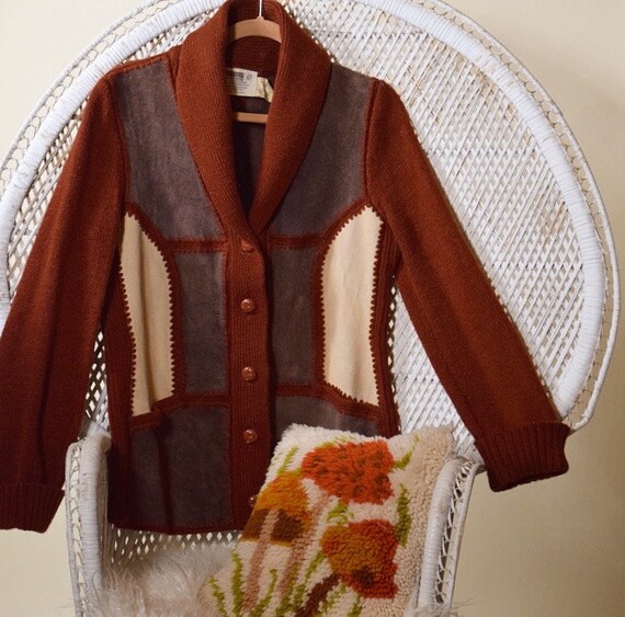 1970s hippie suede patchwork sweater rust cardigan