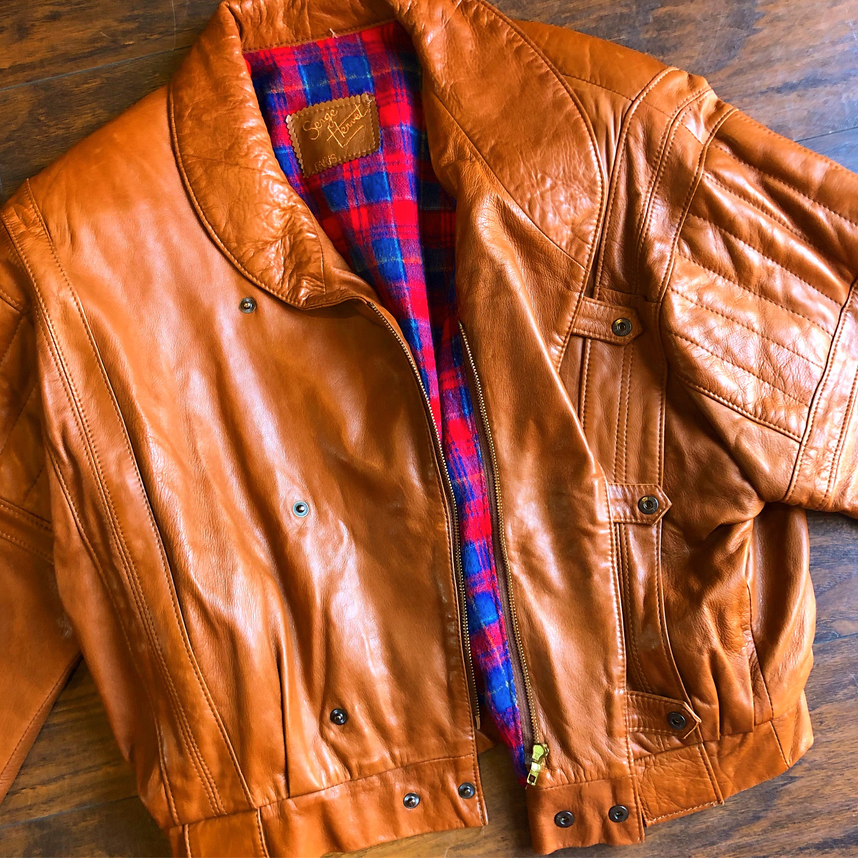 1980s authentic vintage chestnut brown genuine leather snap up jacket