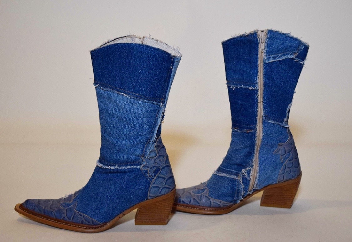 denim patchwork platform boots