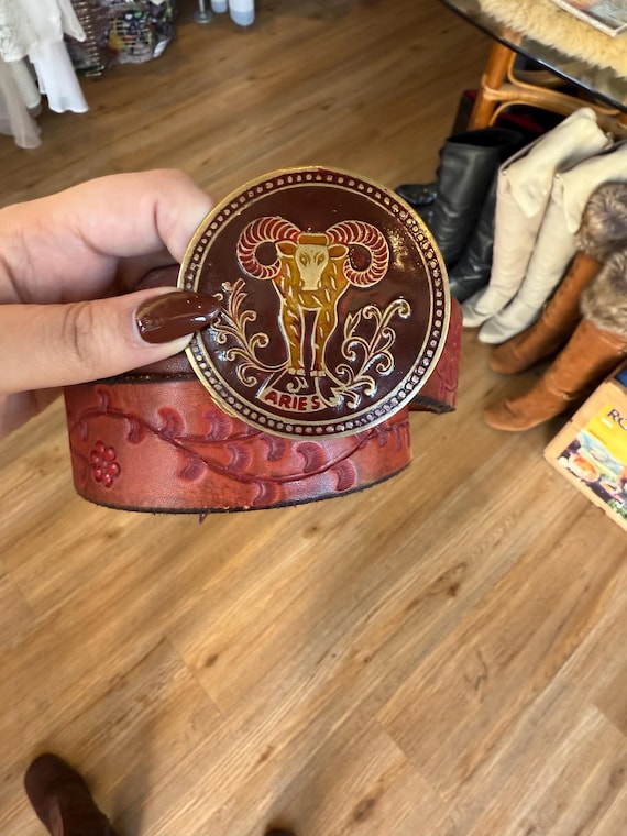 Vintage Aries beltbuckle with hand tooled belt