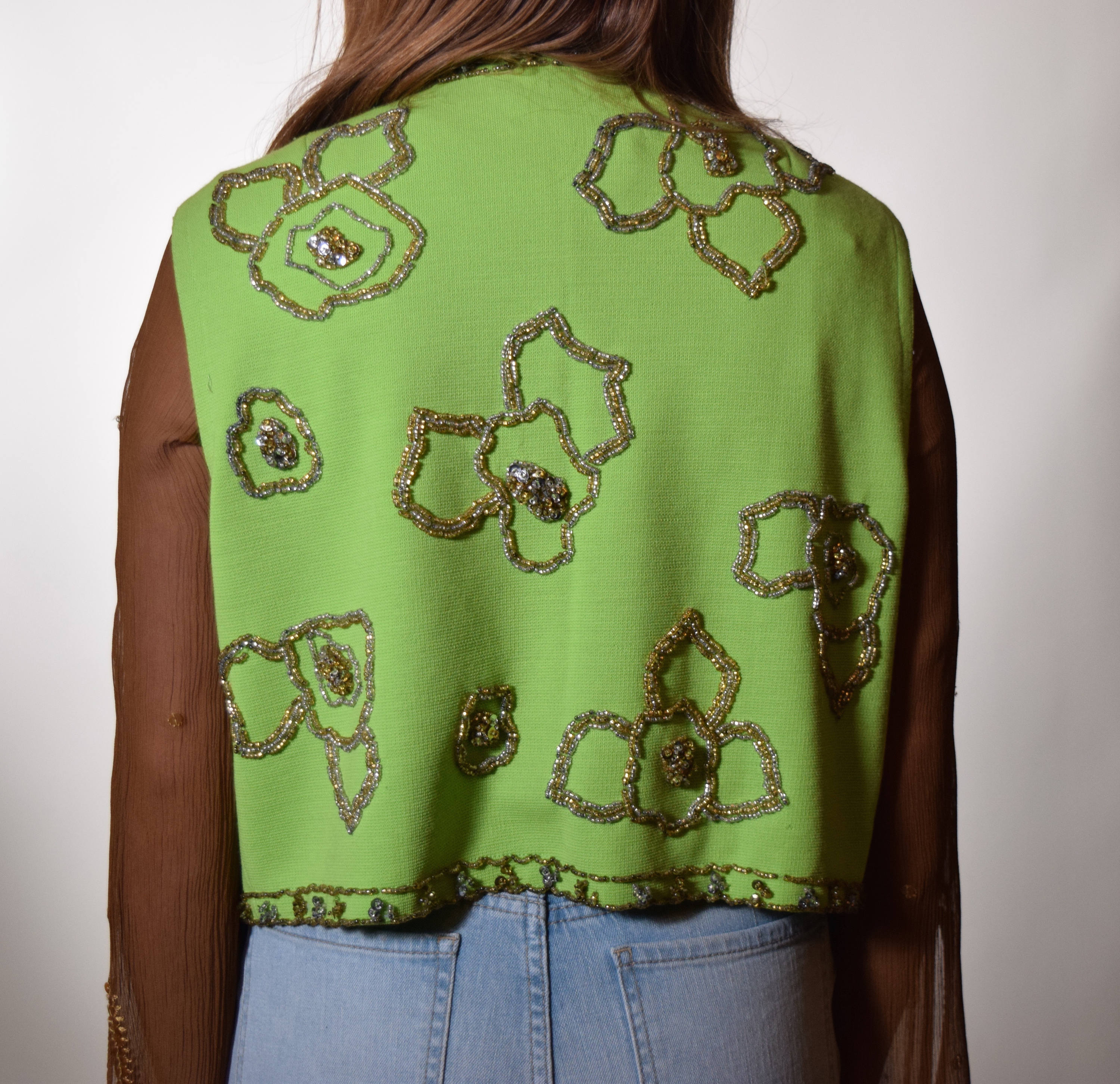 1970's authentic vintage lime green 100 wool vest with silver and
