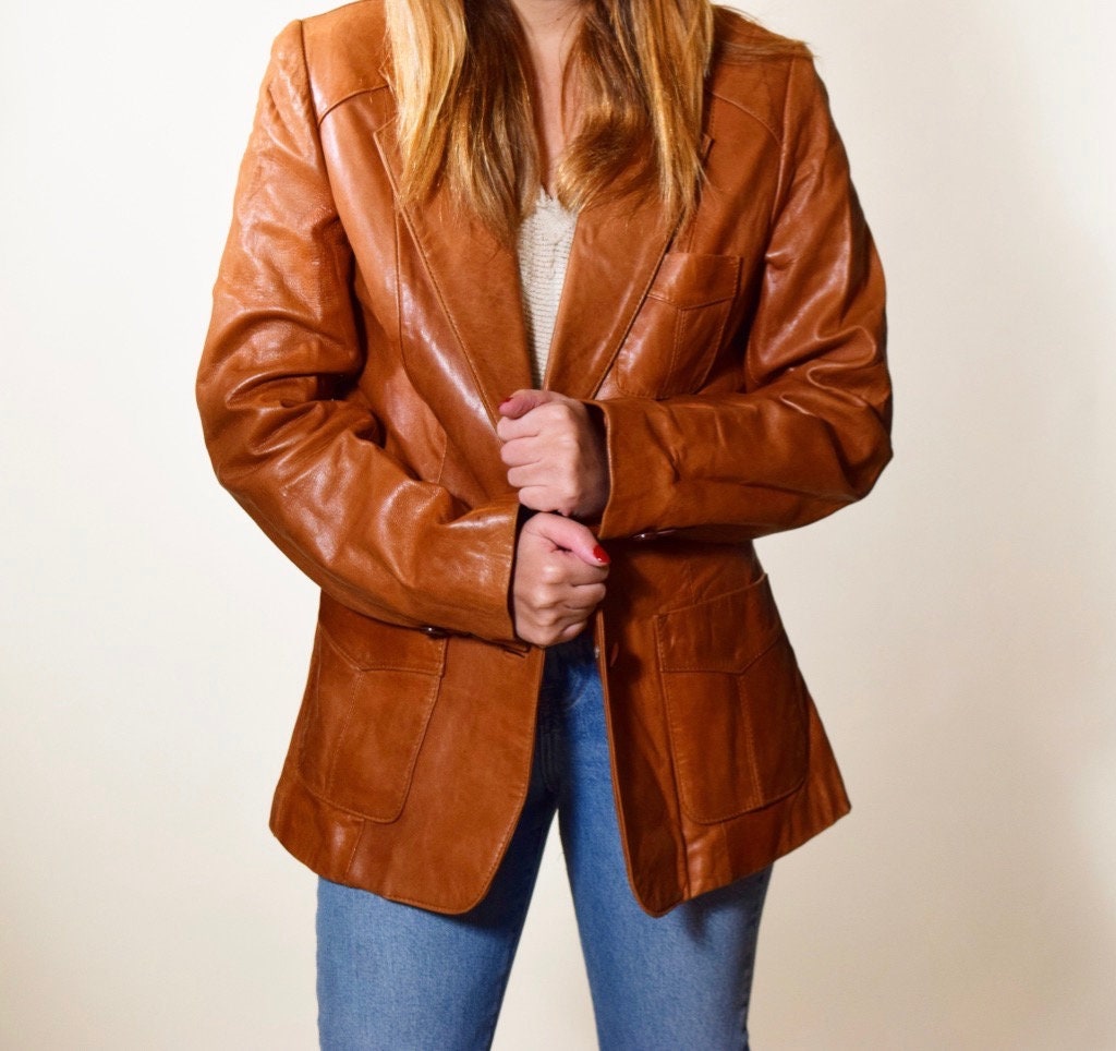 1970s authentic vintage Chestnut Brown leather classic blazer / coat ...