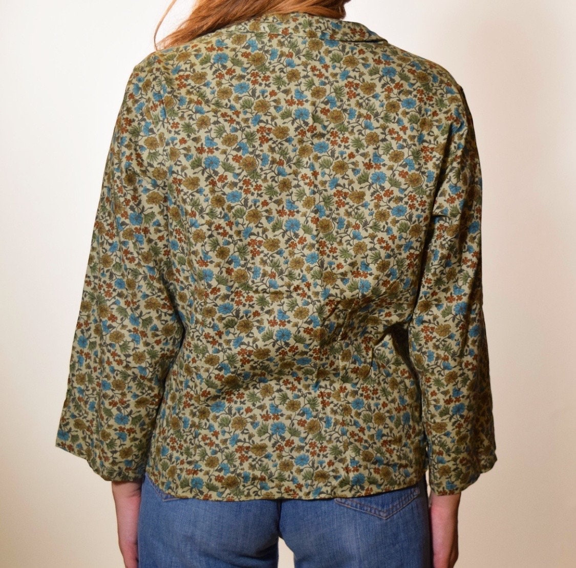 1950s-1960s authentic vintage button down earth tone green floral ...