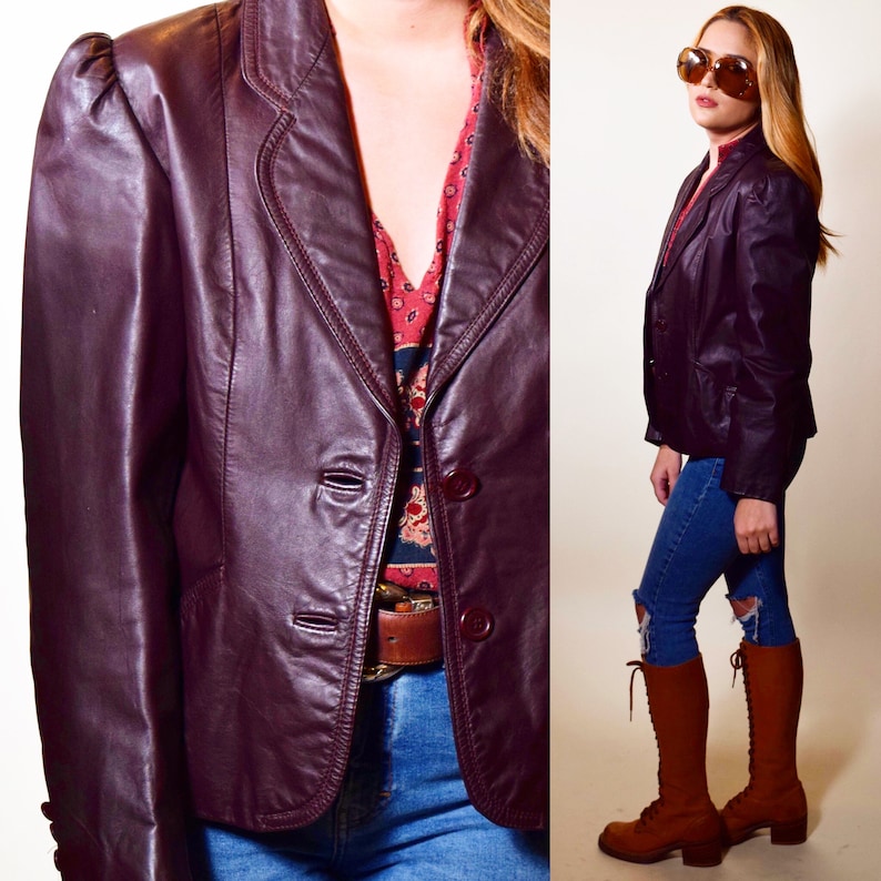 1970s purple maroonbrown tone leather classic button down collared cropped jacket women/'s size Small
